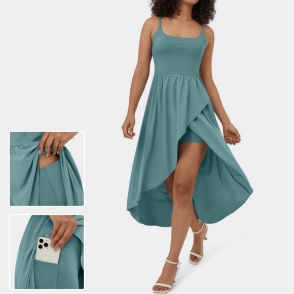 Halara Breezeful Asymmetric Hem 2-Piece Side Pocket Flowy Midi Dress Size S - Picture 1 of 4